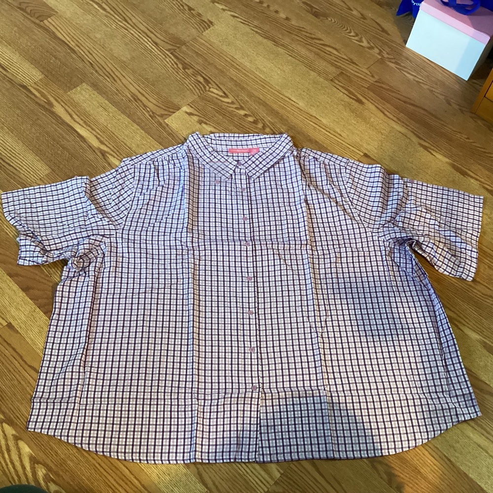 Woman Within Shades Of Purple Small Check Roll Tab  Sleeve Button Up Shirt 5X